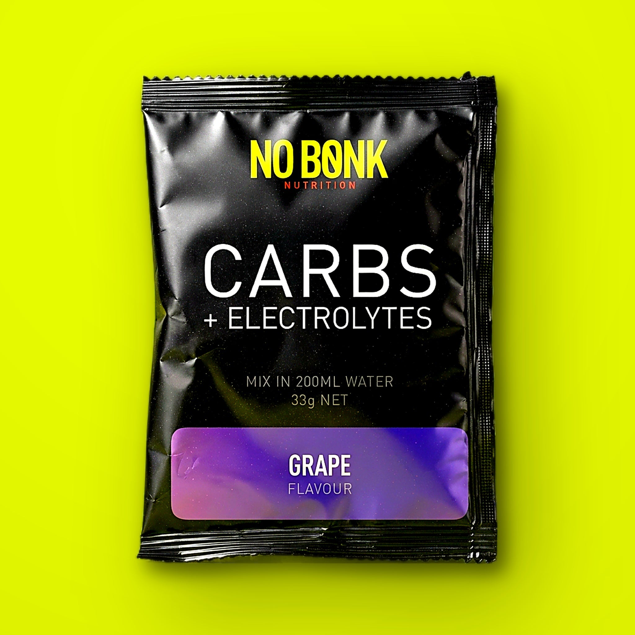 Close-up of a single NOBONK Grape sachet on a chartreuse background
