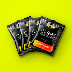 Four NOBONK Pineapple Mango sachets fanned out on a chartreuse background