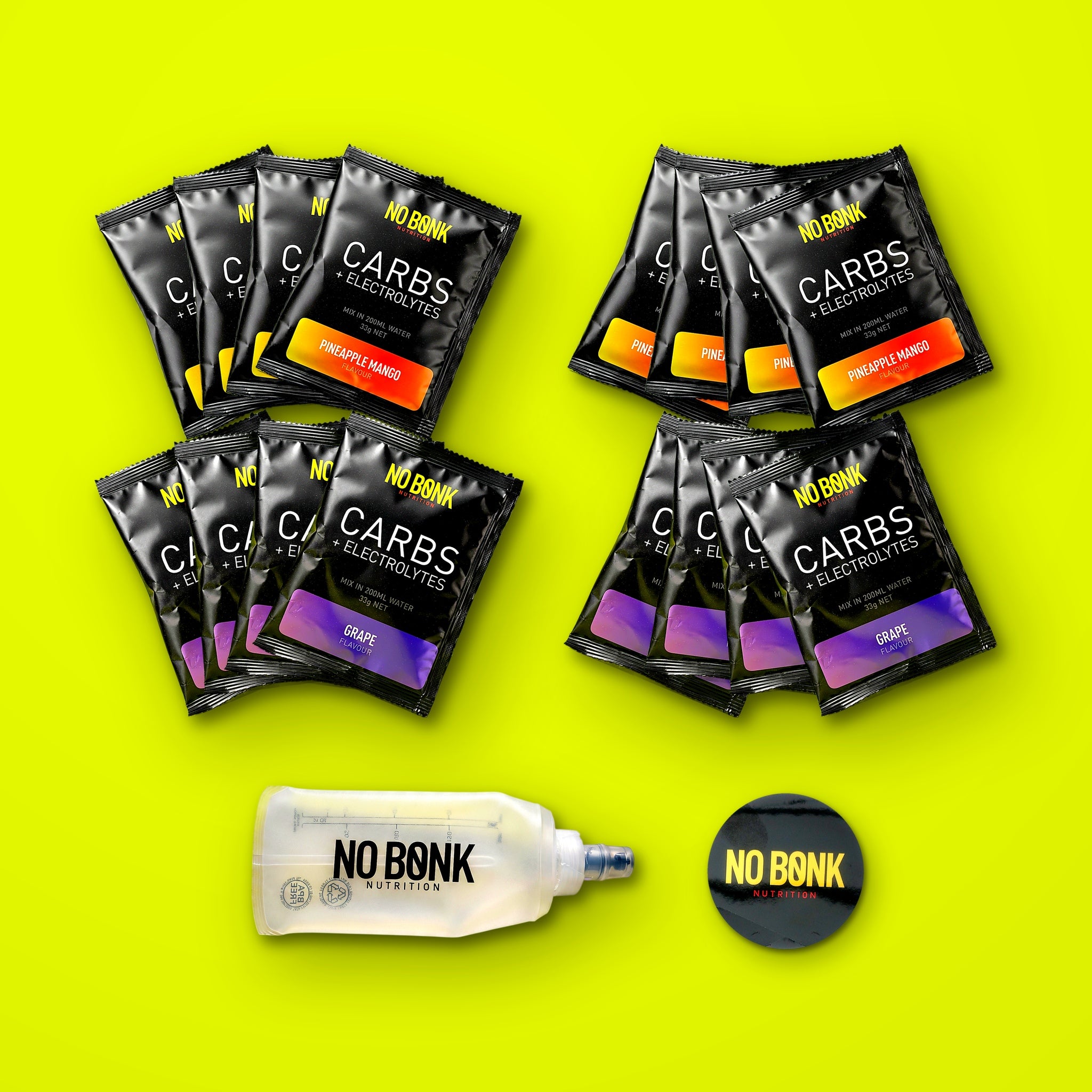 The NOBONK Season Starter: sixteen sachets with a 200ml soft flask and a sticker