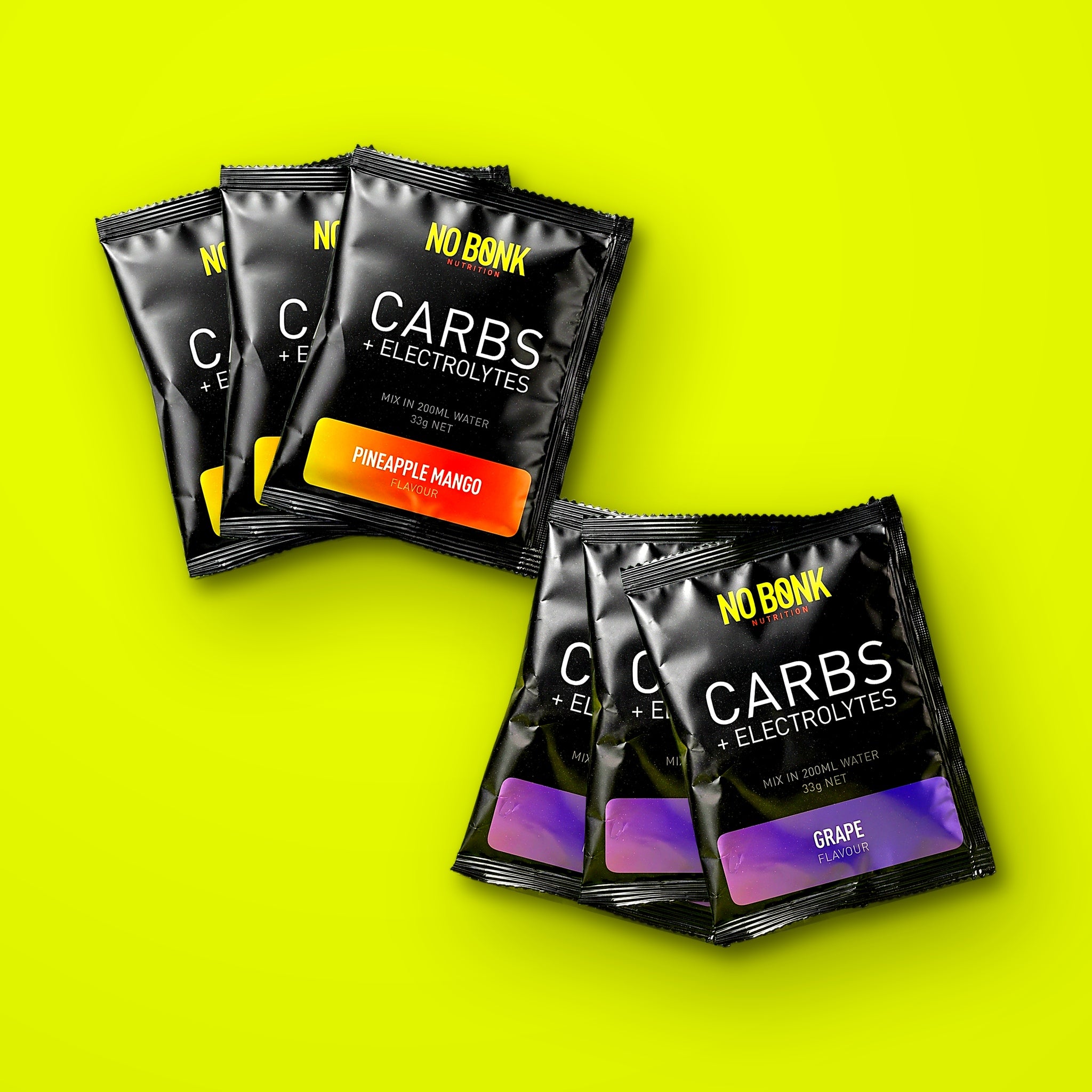 Six NOBONK sachets, three Pineapple Mango and three Grape, on a chartreuse background
