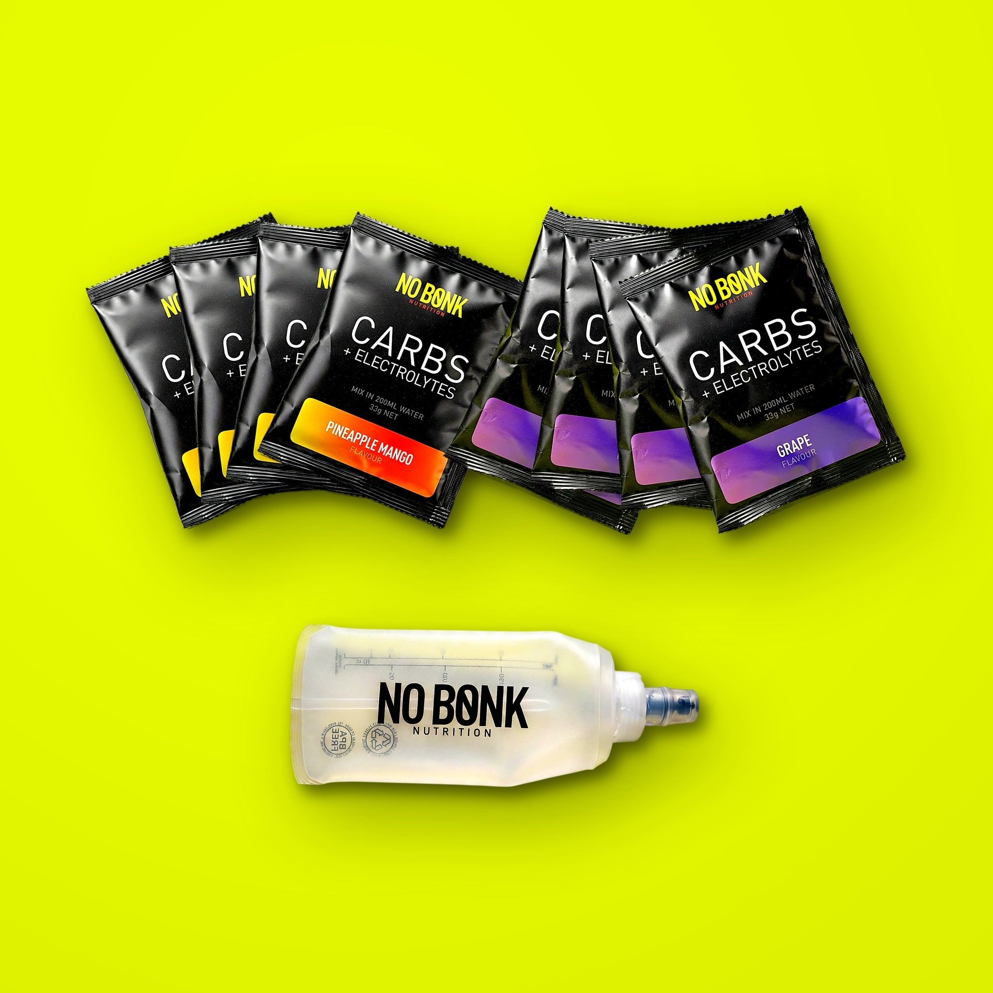 The NOBONK Full Kit: four Pineapple Mango and four Grape sachets with a 200ml soft flask